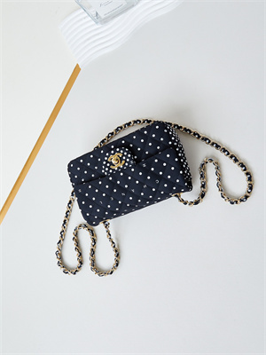 Ch*el mini classic handbag black fabric with white dot a69900
