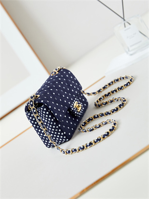 Ch*el mini classic handbag dk blue fabric with white dot a69900