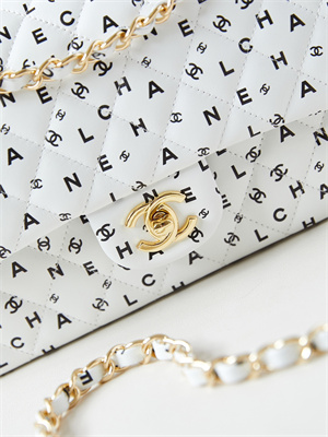 Ch*el medium classic handbag white calfskin with black letters as1112