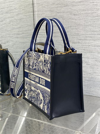CD Small Book Tote With Strap White and Navy Blue Toile de Jouy Sauvage Embroidery with Navy Blue Calfskin