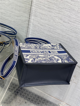 CD Small Book Tote With Strap White and Navy Blue Toile de Jouy Sauvage Embroidery with Navy Blue Calfskin