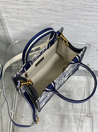 CD Small Book Tote With Strap White and Navy Blue Toile de Jouy Sauvage Embroidery with Navy Blue Calfskin