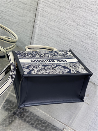 CD Small Book Tote With Strap Blue and Ecru Toile de Jouy Reverse Embroidery and Blue Calfskin