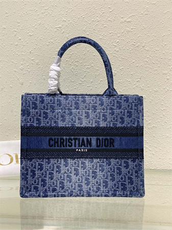 cd small book tote blue denim D*or oblique jacquard