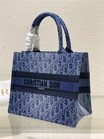 cd small book tote blue denim D*or oblique jacquard