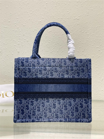cd small book tote blue denim D*or oblique jacquard