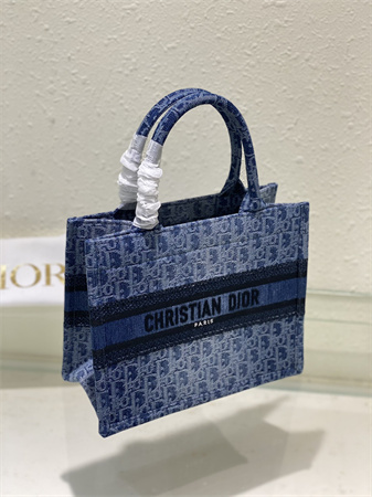 cd small book tote blue denim D*or oblique jacquard