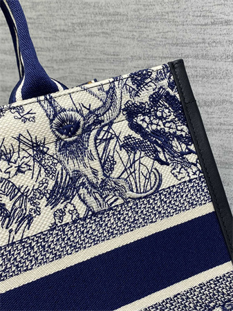 CD Medium Book Tote With Strap White and Navy Blue Toile de Jouy Sauvage Embroidery With Navy Blue Calfskin