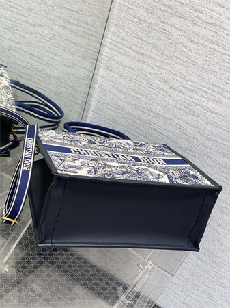 CD Medium Book Tote With Strap White and Navy Blue Toile de Jouy Sauvage Embroidery With Navy Blue Calfskin