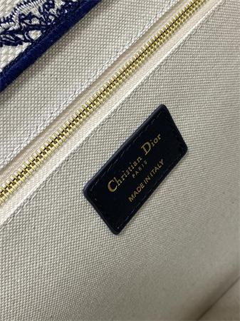 CD Medium Book Tote With Strap White and Navy Blue Toile de Jouy Sauvage Embroidery With Navy Blue Calfskin