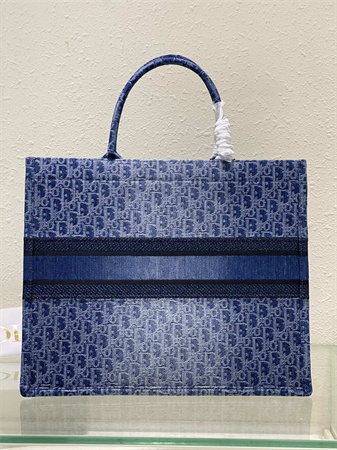 cd large book tote blue denim D*or oblique jacquard