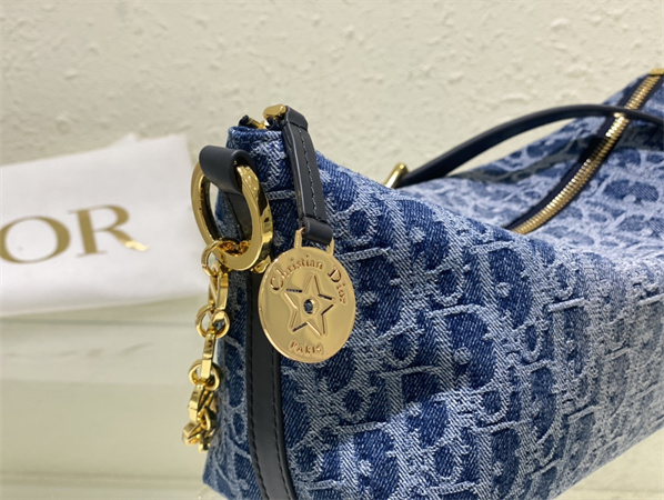 D*orstar hobo bag with chain blue denim D*or oblique jacquard