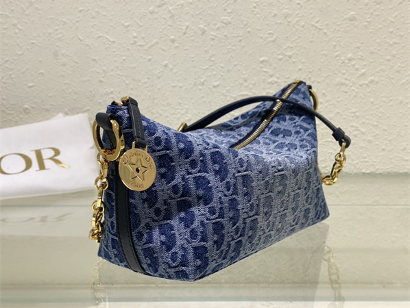 D*orstar hobo bag with chain blue denim D*or oblique jacquard