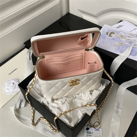 Ch*el vanity case with gold ball lambksin gold tone metal white ap3651