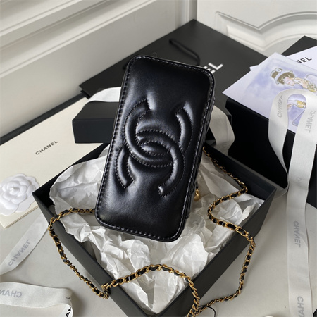 Ch*el vanity case with gold ball lambksin gold tone metal black ap3651