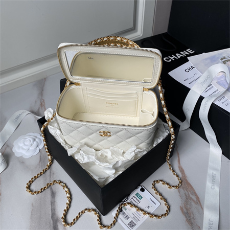 Ch*el vanity case with top handle grained calfskin gold tone metal white ap4064