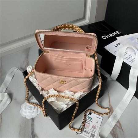 Ch*el vanity case with top handle grained calfskin gold tone metal pink ap4064