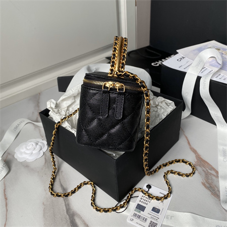 Ch*el vanity case with top handle grained calfskin gold tone metal black ap4064