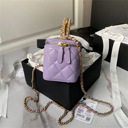 Ch*el vanity case with top handle grained calfskin gold tone metal lt purple ap4064