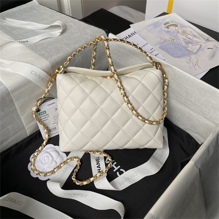 Ch*el clutch with chain grained shiny calfskin & gold-tone metal white ap4066