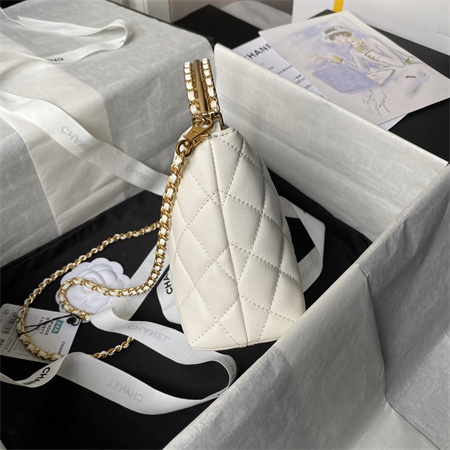 Ch*el clutch with chain grained shiny calfskin & gold-tone metal white ap4066