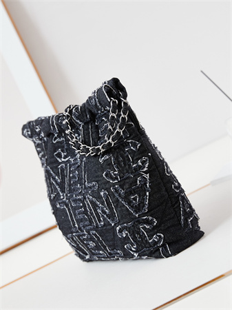 Cha.nel 22 Small Handbag Black Denim Silver Tone Metal AS3260