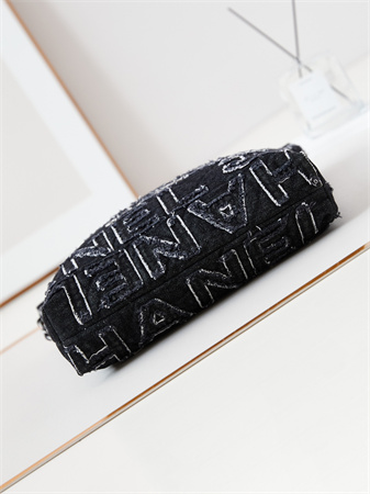 Cha.nel 22 Small Handbag Black Denim Silver Tone Metal AS3260