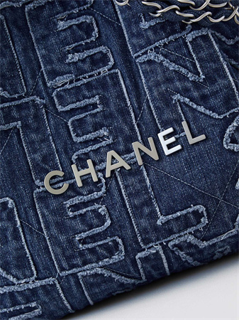 Cha.nel 22 Small Handbag Dk Blue Denim Silver Tone Metal AS3260