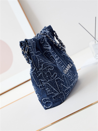 Cha.nel 22 Small Handbag Dk Blue Denim Silver Tone Metal AS3260