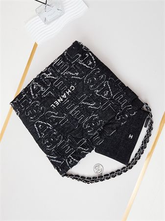 Cha.nel 22 Medium Handbag Black Denim Silver Tone Metal AS3261