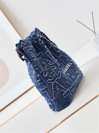 Cha.nel 22 Medium Handbag Dk Blue Denim Silver Tone Metal AS3261