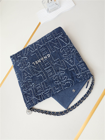 Cha.nel 22 Medium Handbag Dk Blue Denim Silver Tone Metal AS3261