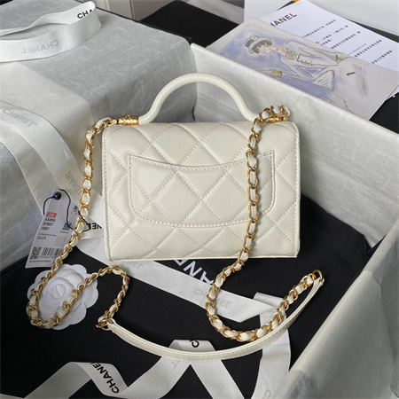 Ch*el mini flap bag with top handle grained shinny calfskin gold tone metal white as4956