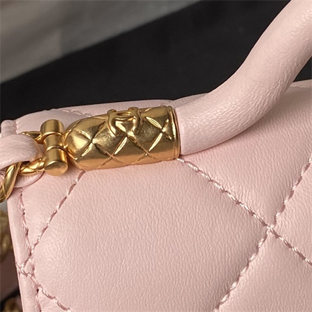 Ch*el mini flap bag with top handle lambskin gold tone metal pink as4956