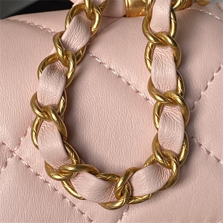 Ch*el mini flap bag with top handle lambskin gold tone metal pink as4956