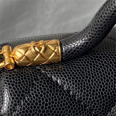 Ch*el mini flap bag with top handle grained shinny calfskin gold tone metal black as4956