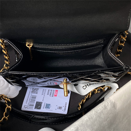 Ch*el mini flap bag with top handle patent calfskin gold tone metal black as4956
