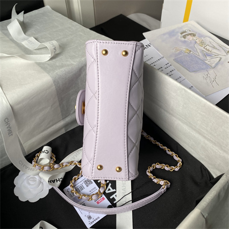 Ch*el mini flap bag with top handle lambskin gold tone metal lt purple as4956