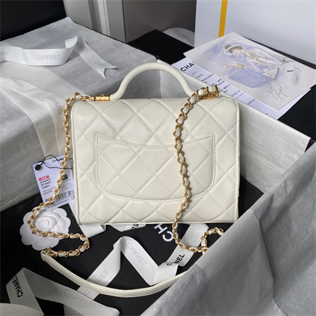 Ch*el flap bag with top handle grained shinny calfskin gold tone metal white as4957