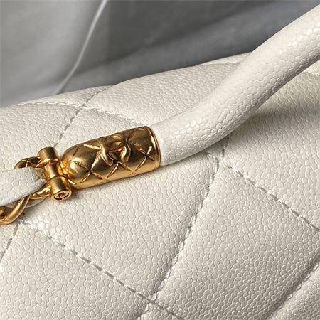 Ch*el flap bag with top handle grained shinny calfskin gold tone metal white as4957