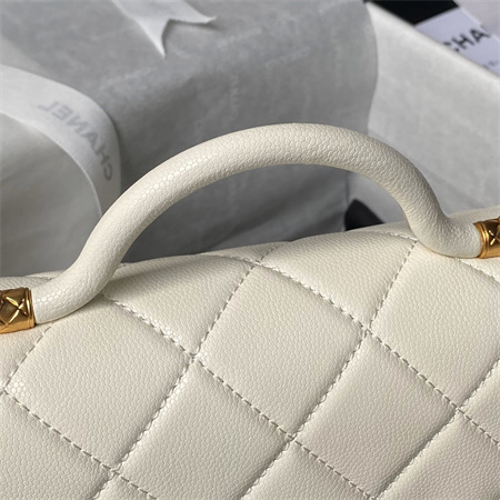 Ch*el flap bag with top handle grained shinny calfskin gold tone metal white as4957