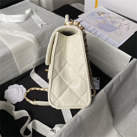 Ch*el flap bag with top handle grained shinny calfskin gold tone metal white as4957