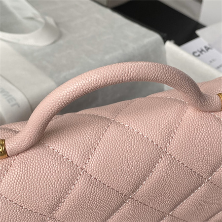 Ch*el flap bag with top handle grained shinny calfskin gold tone metal pink as4957