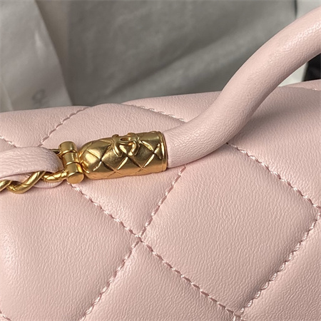 Ch*el flap bag with top handle lambskin gold tone metal pink as4957
