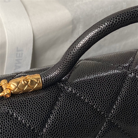 Ch*el flap bag with top handle grained shinny calfskin gold tone metal black as4957