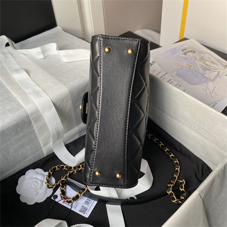 Ch*el flap bag with top handle lambskin gold tone metal black as4957