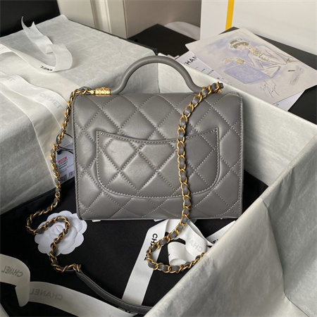 Ch*el flap bag with top handle lambskin gold tone metal grey as4957