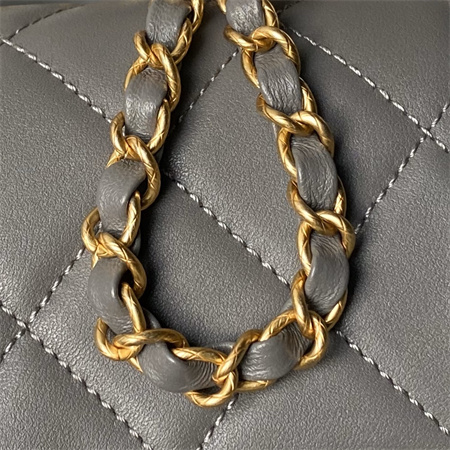 Ch*el flap bag with top handle lambskin gold tone metal grey as4957