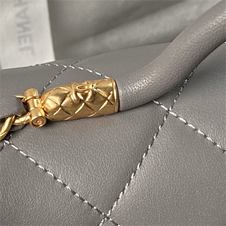 Ch*el flap bag with top handle lambskin gold tone metal grey as4957