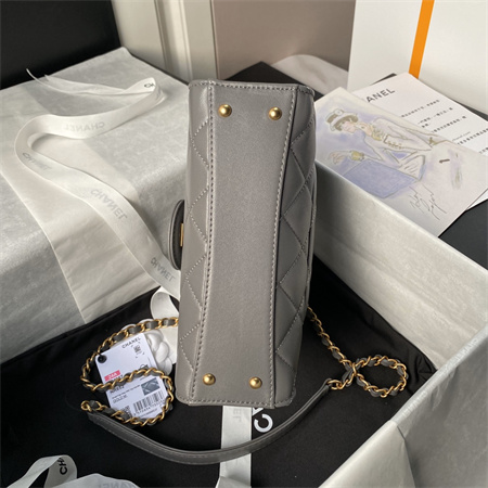 Ch*el flap bag with top handle lambskin gold tone metal grey as4957